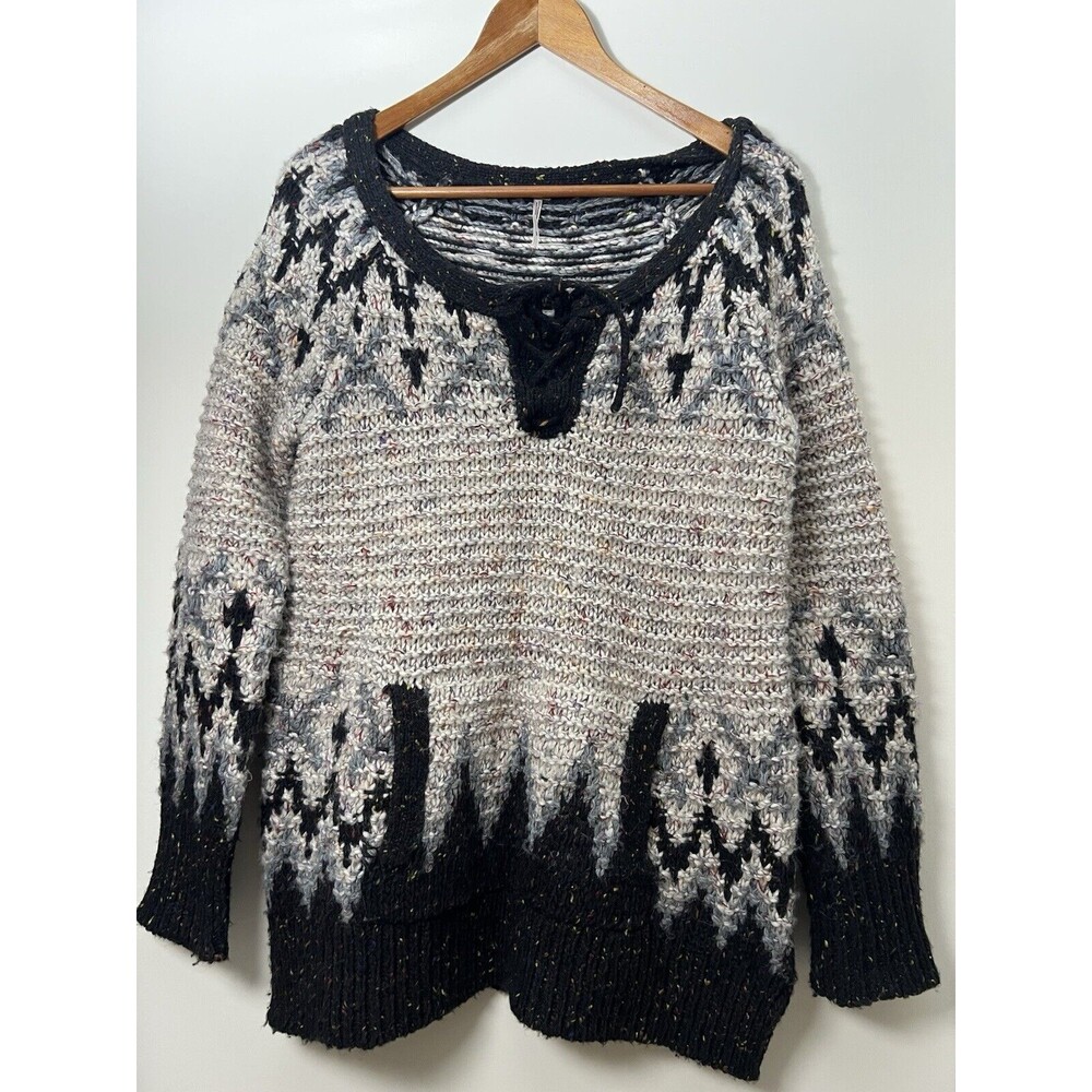 Free People Women’s Sweater Sz S Love Bug Fairisle Nordic Boho Casual Lace Up